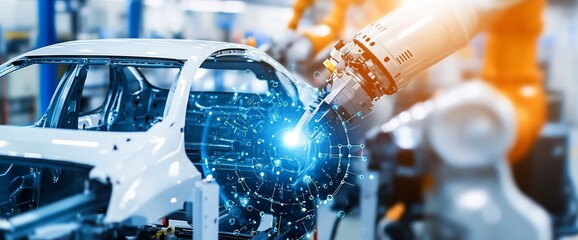 Fototapete - Robotic arm assembling a car in a modern industrial setting.
