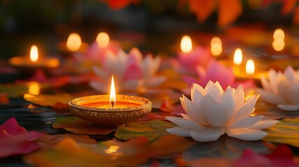 Poster - Tranquil scene with floating candles and lotus flowers on water.