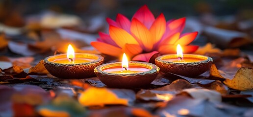 Poster - Three lit oil lamps beside a pink lotus flower on autumn leaves.