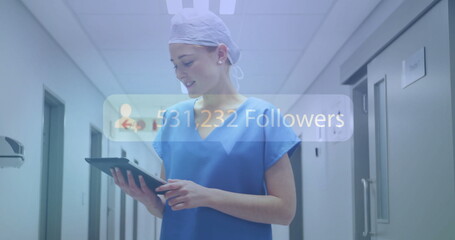 Poster - Image of followers growing number over caucasian female doctor using tablet
