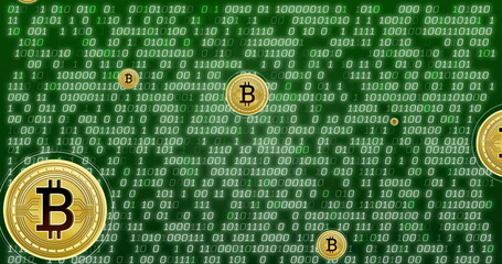 Poster - Image of bitcoin currency icons financial data processing over binary coding