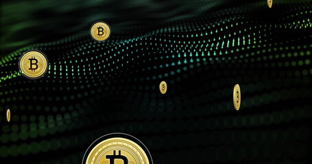 Poster - Image of bitcoin currency icons financial data processing over binary coding