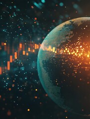 Poster - Abstract glowing polygonal globe on blurry starry sky background with candlestick forex graph. Earth, trade, stock, technology and digital world concept. 3D Rendering