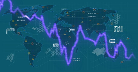 Poster - Image of neon diagrams and connections over world map