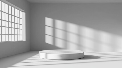 Poster - Empty minimalist studio with circular podium and soft sunlight filtering through window product mockup display