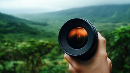 Aufkleber - A hand holding a camera lens, capturing a scenic landscape view.