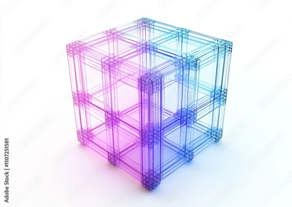 3D Render of Isometric Wireframe Cube with Purple to Blue Gradient on ...
