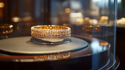 Poster - A luxurious gold bracelet displayed in a showcase for admiration.