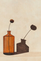 Poster - Elegant Minimalist Art with a Single Flower in an Orange Vase Casting a Shadow on a Neutral Background