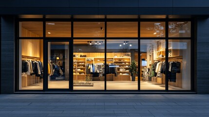 Aufkleber - A modern retail store showcasing clothing and accessories through large windows.