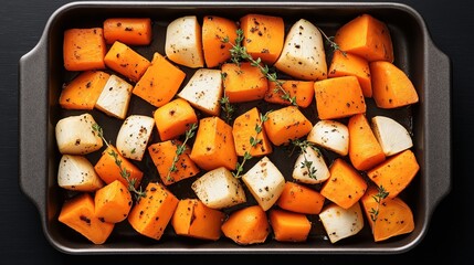 Wall Mural - Baking tray with chopped roasted orange and white vegetables garnished with herbs and seasoning