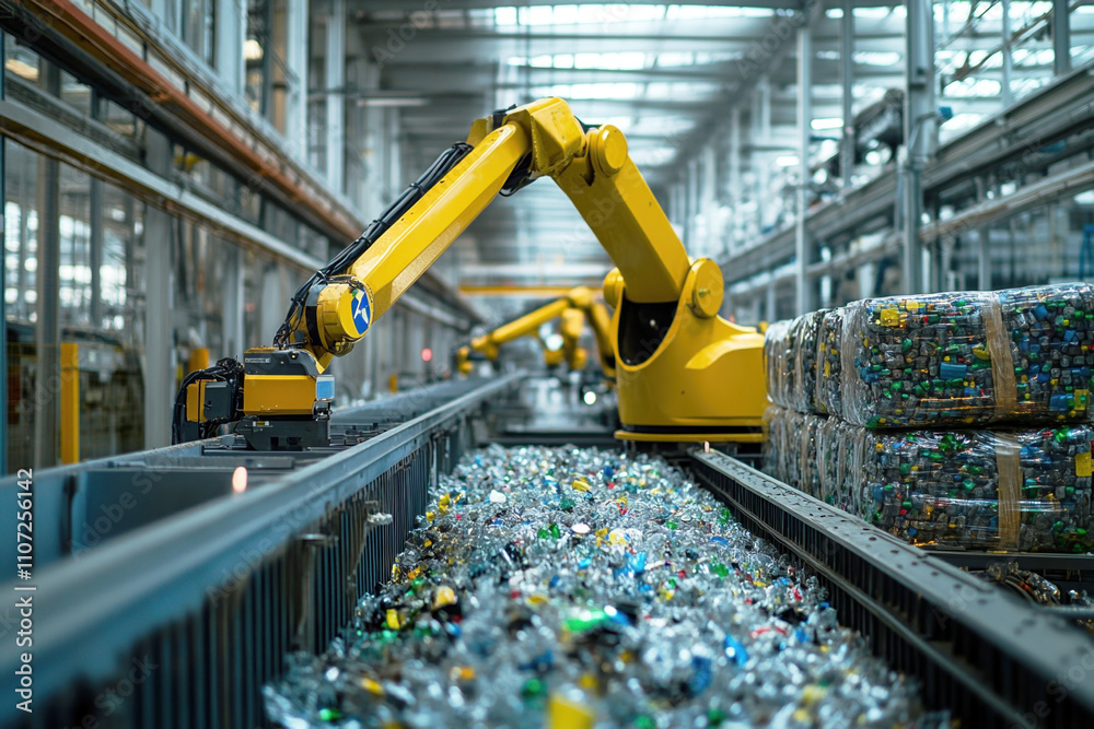 Foto de Stock Yellow robotic arms are sorting plastic waste on a ...