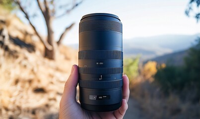Poster - A person holding a camera lens against a natural landscape backdrop.