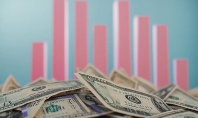 Poster - A pile of cash in front of a rising bar graph, symbolizing financial growth.