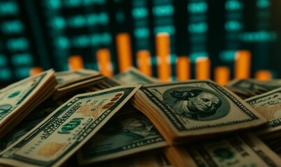 Poster - A pile of cash with financial graphs in the background.
