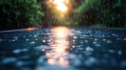 Poster - Raindrops fall on a still water surface during a golden sunset.