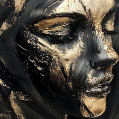  Dramatic abstract image of a sculpted face with dynamic gold patterns and a black background, creating a powerful visual impact and artistic expression.