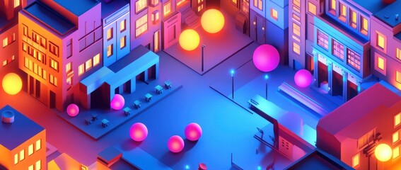 Poster - A vibrant, stylized urban scene with colorful spheres and illuminated buildings.