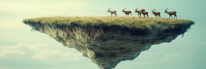 Wall Mural - a surreal landscape featuring deer on a floating island with grass and a dreamy sky.