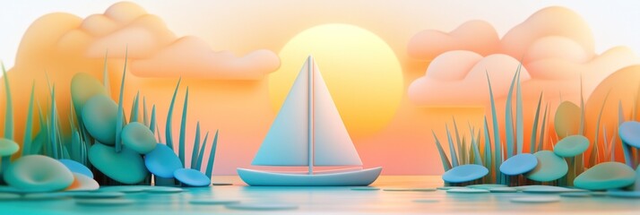 Wall Mural - a serene landscape featuring a sailboat on a calm waterway during sunset.