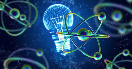 Poster - Image of atomic structures over light bulb and networks on blue background