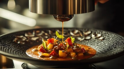 Poster - capturing the perfect blend of technology and art: a stew machine serving stew into a beautifully designed plate.