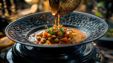 Poster - capturing the perfect blend of technology and art: a stew machine serving stew into a beautifully designed plate.