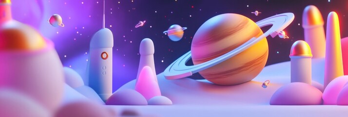 Wall Mural - a colorful, whimsical space scene featuring planets, rockets, and abstract formations.