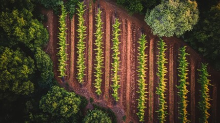 Wall Mural - Aerial view of neatly organized rows of plants in a lush green landscape.