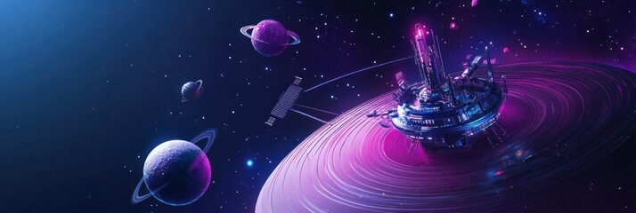 Wall Mural - a futuristic space station surrounded by planets and cosmic elements.