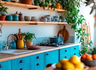 Modern kitchen interior with white tiles and wooden countertop