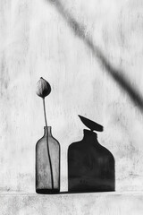 Poster - Elegant Minimalist Display of Glass Bottle and Lotus Pod Casting Shadow on Textured Wall in Monochrome