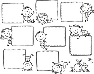 Wall Mural - Outline doodle kids holding blank template banners for diary, memo, planner, to do listbook, notebook, paper cards, notes, stickers, labels. Cartoon children clipart set. Black and white illustration