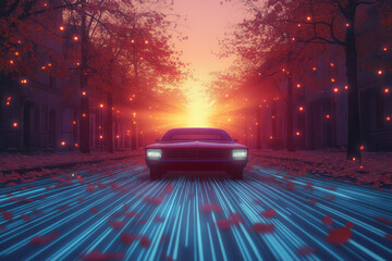 Aufkleber - a car driving down a street at night