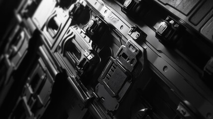 Poster - monochrome image of the interconnecting sections between train carriages, the mechanical details sharply defined in black and white