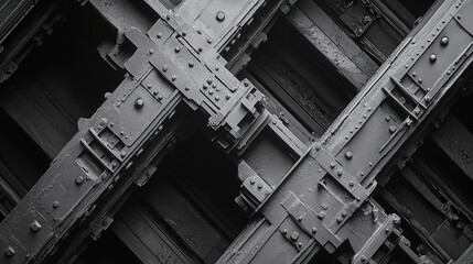 Poster - monochrome image of the interconnecting sections between train carriages, the mechanical details sharply defined in black and white