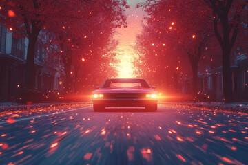 Aufkleber - a car driving down a street with a red light