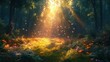 © Almahyra - Magical sunlit forest glade with wildflowers and fireflies.