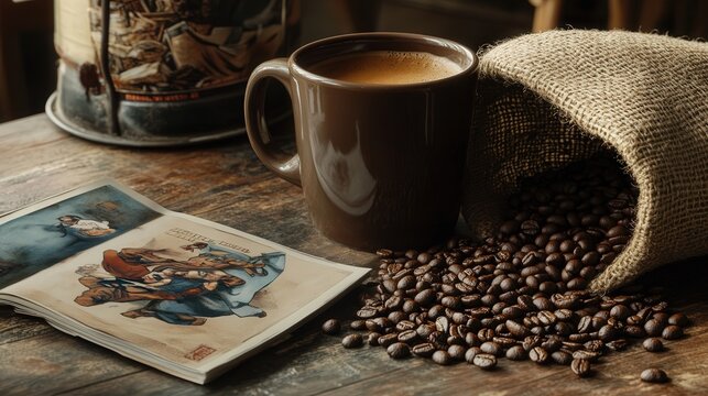 showing a coffee mug, an open graphic novel, and coffee beans spilling from a small burlap sack onto a table
