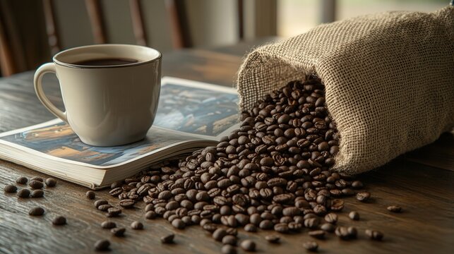 showing a coffee mug, an open graphic novel, and coffee beans spilling from a small burlap sack onto a table