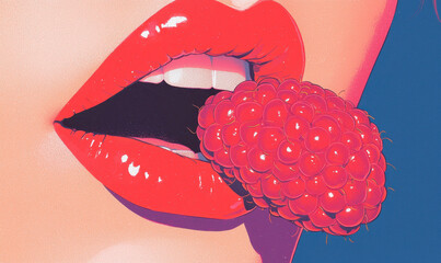 Poster - Vibrant Pop Art Illustration of Juicy Raspberry in Glossy Lips - A Modern Aesthetic