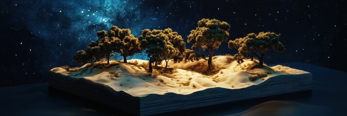 Wall Mural - a miniature landscape featuring trees on a sandy surface with a cosmic background.