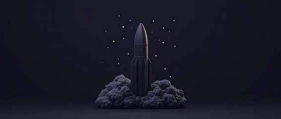 Wall Mural - a sleek rocket launching from a cloud, surrounded by stars in a dark atmosphere.