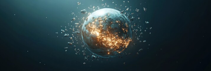 Wall Mural - a digital representation of a planet fragmenting with glowing elements amidst dark space.