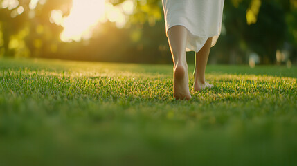 Walking barefoot on lush green grass during sunset evokes sense of tranquility and connection with nature