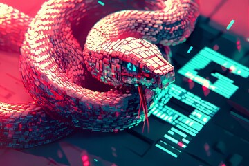 Poster - Colorful digital snake coiled around a blocky surface in a futuristic design setting during a vibrant neon display. Generative AI
