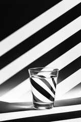 Poster - Minimalist Glass of Water with Striking Shadow and Stripe Pattern in Monochrome Black and White Design