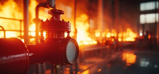 Poster - Industrial scene with a valve in front of flames, indicating a hazardous situation.