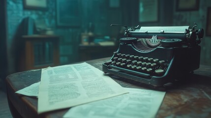 Fototapete - vintage typewriter on a table, surrounded by documents. The photo captures the fine textures and intricate details of both