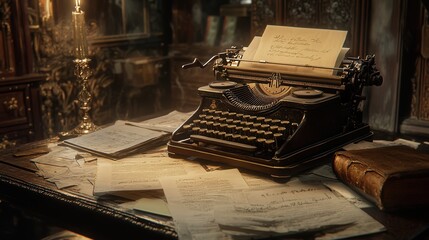 Fototapete - vintage typewriter on a table, surrounded by documents. The photo captures the fine textures and intricate details of both